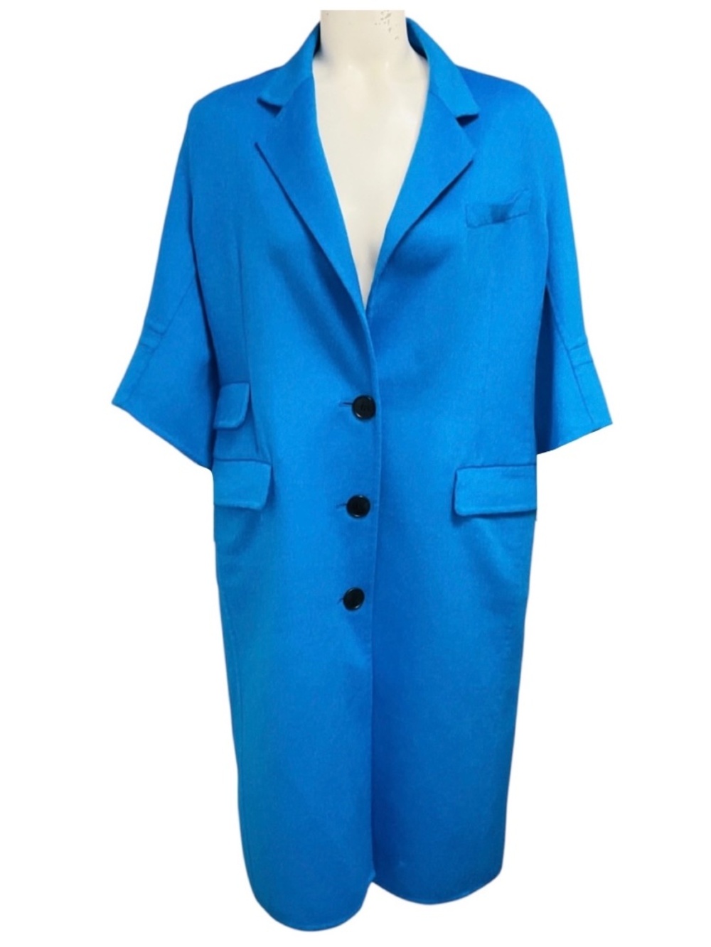 CHRISTIAN DIOR BLUE BUTTON FRONT WOOL AND ANGORA COAT